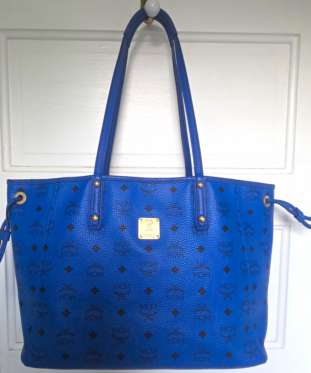 MCM Blue Visetos Monogram Large Tote Bag w/ Detachable Strap Gold HW
